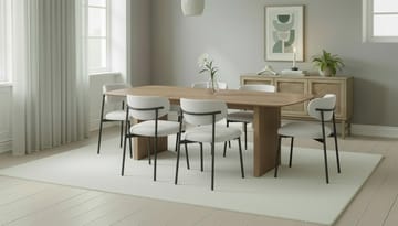 Richeto Spisebord 240 cm med 6 Lucy Spisestoler - Naturlig finish / Hvit Bouclé / Metallben Svart - Møbler - Bord - Spisegruppe