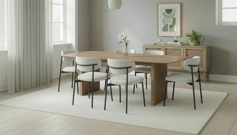 Richeto Spisebord 240 cm med 6 Lucy Spisestoler - Naturlig finish / Hvit Bouclé / Metallben Svart - Møbler - Bord - Spisegruppe