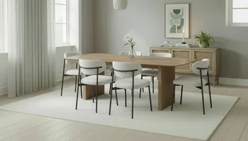 Richeto Spisebord 240 cm med 6 Lucy Spisestoler - Naturlig finish / Hvit Bouclé / Metallben Svart - Møbler - Bord - Spisegruppe