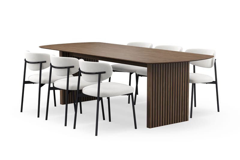 Richeto Spisebord 240 cm med 6 Lucy Spisestoler, Røkt eik / Hvit Bouclé