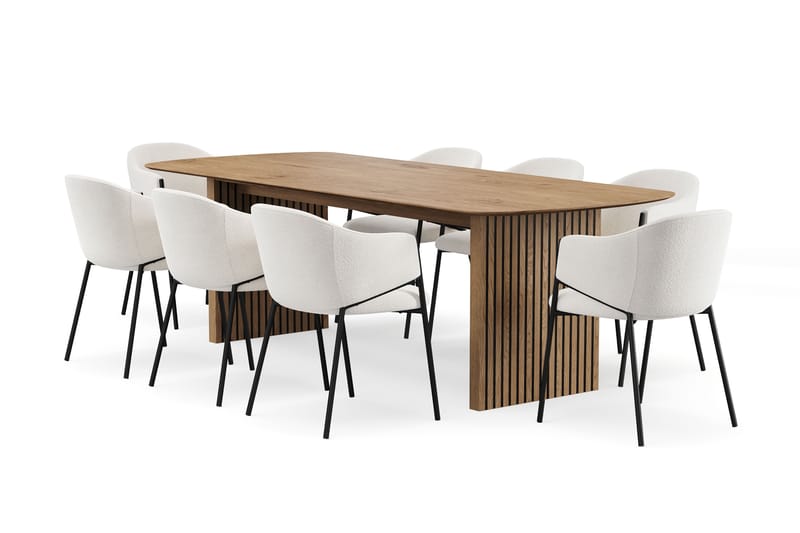 Richeto Spisebord 240 cm med 8 Filip Spisestoler, Naturlig finish / Hvit Bouclé