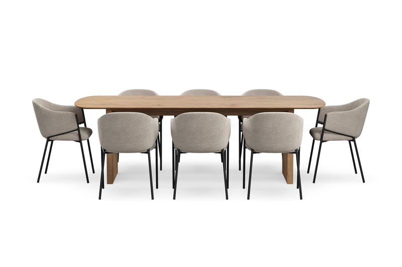 Richeto Spisebord 240 cm med 8 Filip Spisestoler - Naturlig finish / Taupe Bouclé - Møbler - Bord - Spisegruppe