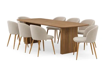 Richeto Spisebord 240 cm med 8 Greya Spisestoler med armlener - Naturlig finish / Greige Bouclé / Metallben Eik - Møbler - Bord - Spisegruppe