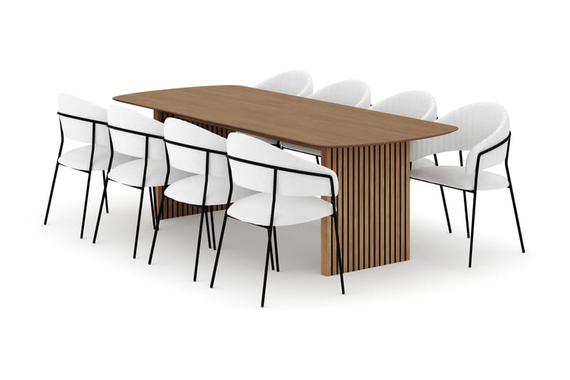 Richeto Spisebord 240 cm med 8 Karol Spisestoler, Naturlig finish / Hvit Bouclé