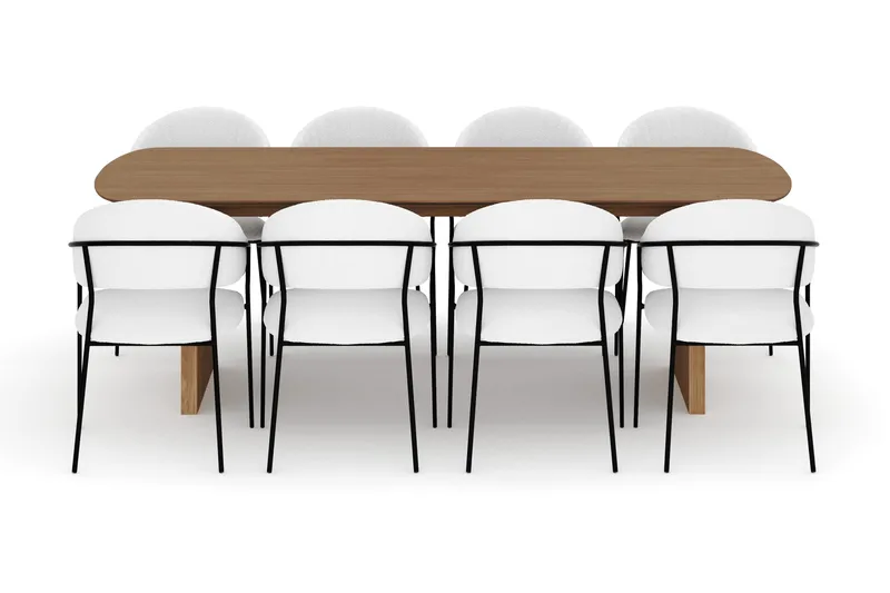 Richeto Spisebord 240 cm med 8 Karol Spisestoler - Naturlig finish / Hvit Bouclé - Møbler - Bord - Spisegruppe