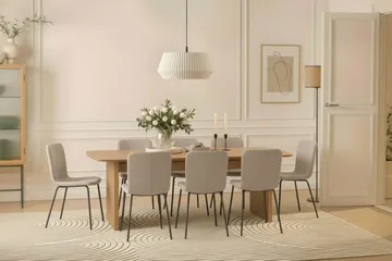 Richeto Spisebord 240 cm med 8 Katy Spisestoler - Naturlig finish / Greige Bouclé / Metallben Svart - Møbler - Bord - Spisegruppe