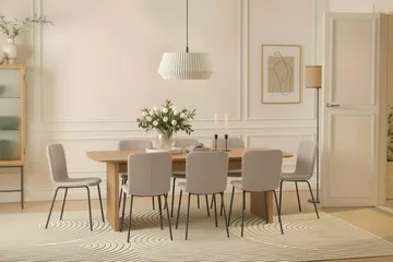 Richeto Spisebord 240 cm med 8 Katy Spisestoler - Naturlig finish / Greige Bouclé / Metallben Svart - Møbler - Bord - Spisegruppe