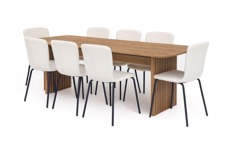 Richeto Spisebord 240 cm med 8 Katy Spisestoler, Naturlig finish / Hvit Bouclé / Metallben Svart
