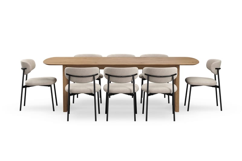 Richeto Spisebord 240 cm med 8 Lucy Spisestoler - Naturlig finish / Greige Bouclé / Metallben Svart - Møbler - Bord - Spisegruppe