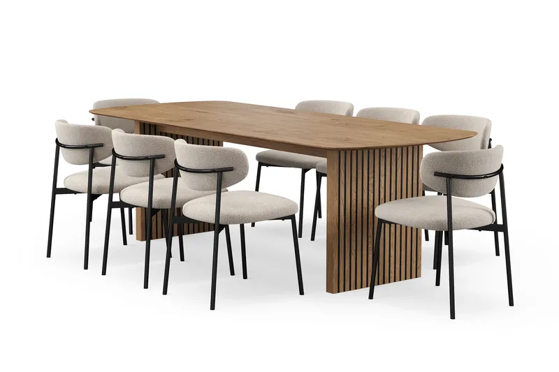 Richeto Spisebord 240 cm med 8 Lucy Spisestoler, Naturlig finish / Greige Bouclé / Metallben Svart