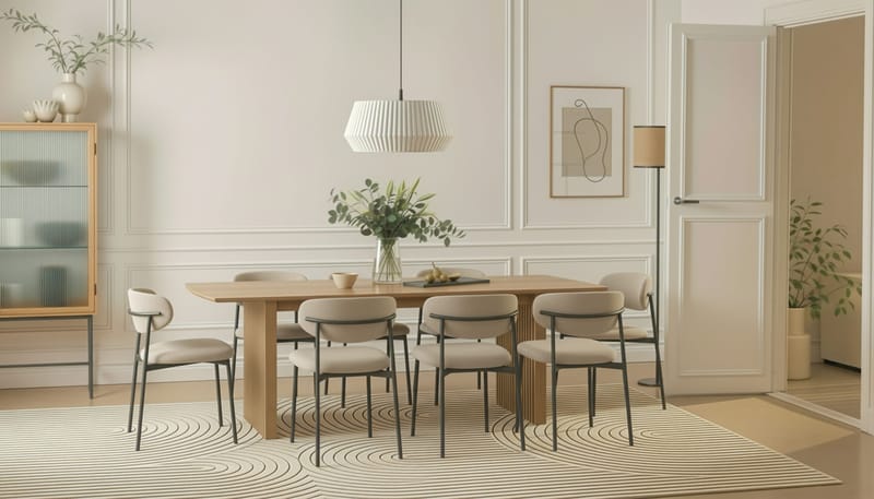 Richeto Spisebord 240 cm med 8 Lucy Spisestoler - Naturlig finish / Greige Bouclé / Metallben Svart - Møbler - Bord - Spisegruppe