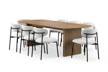 Richeto Spisebord 240 cm med 8 Lucy Spisestoler - Naturlig finish / Hvit Bouclé / Metallben Svart - Møbler - Bord - Spisegruppe