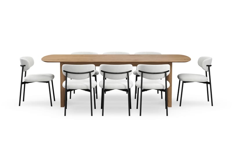 Richeto Spisebord 240 cm med 8 Lucy Spisestoler - Naturlig finish / Hvit Bouclé / Metallben Svart - Møbler - Bord - Spisegruppe
