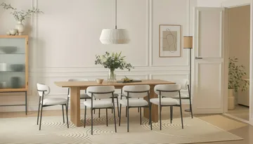 Richeto Spisebord 240 cm med 8 Lucy Spisestoler - Naturlig finish / Hvit Bouclé / Metallben Svart - Møbler - Bord - Spisegruppe