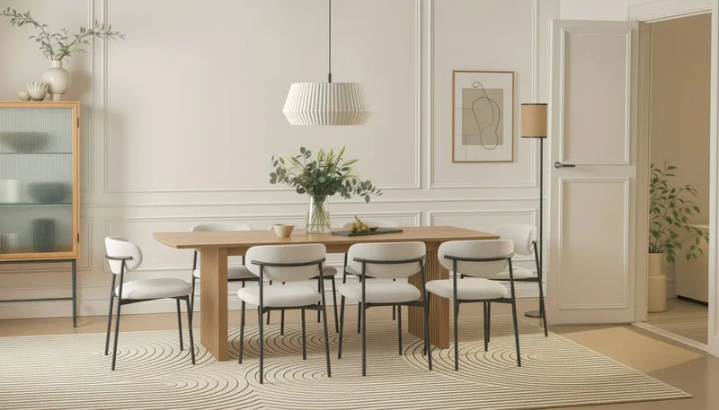 Richeto Spisebord 240 cm med 8 Lucy Spisestoler - Naturlig finish / Hvit Bouclé / Metallben Svart - Møbler - Bord - Spisegruppe