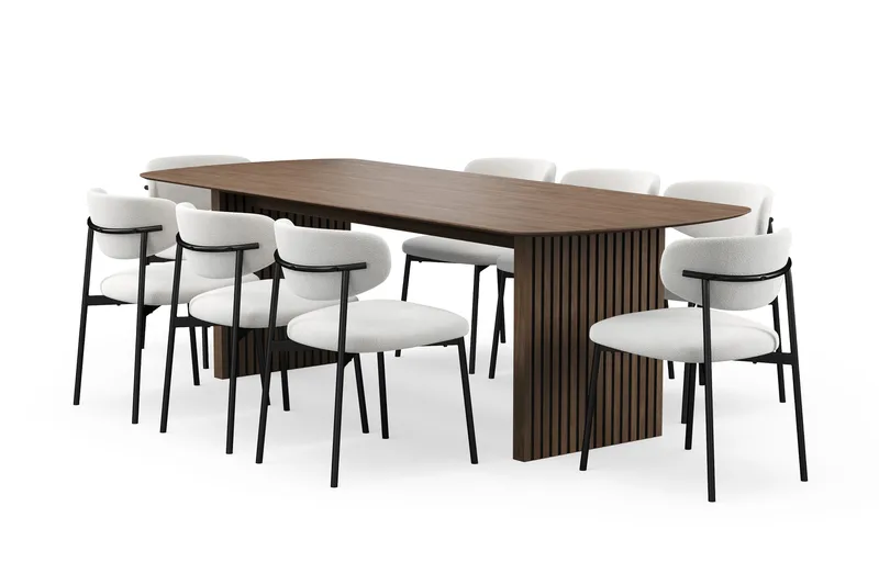 Richeto Spisebord 240 cm med 8 Lucy Spisestoler, Røkt eik / Hvit Bouclé