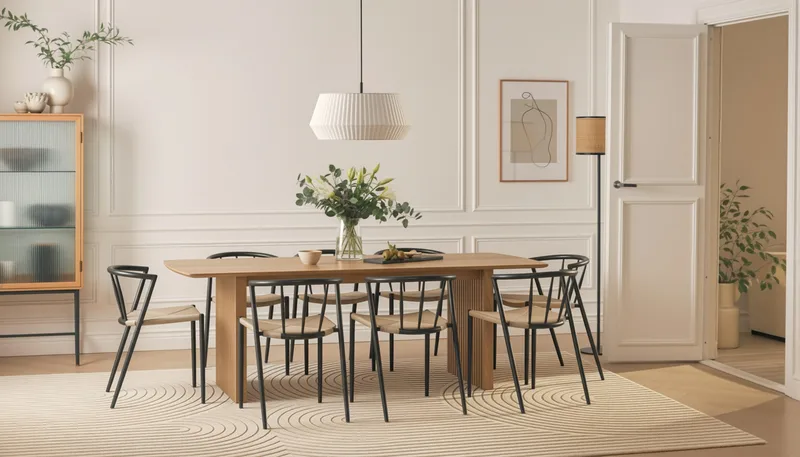 Richeto Spisebord 240 cm med 8 Winston Spisestoler - Naturlig finish / Beige / Metallben Svart - Møbler - Bord - Spisegruppe