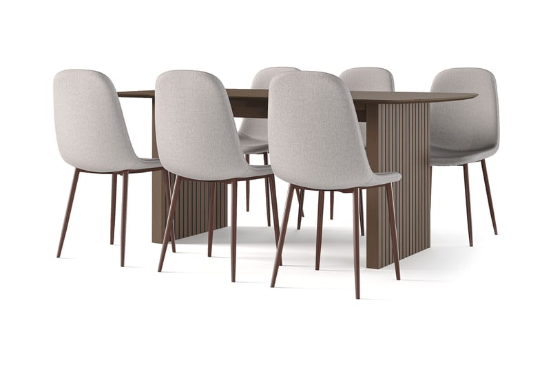 Richeto Spisebord Røkt Eik 180 cm valnøtt + 6 stk Naira stol beige med valnøttben, Brun/Beige