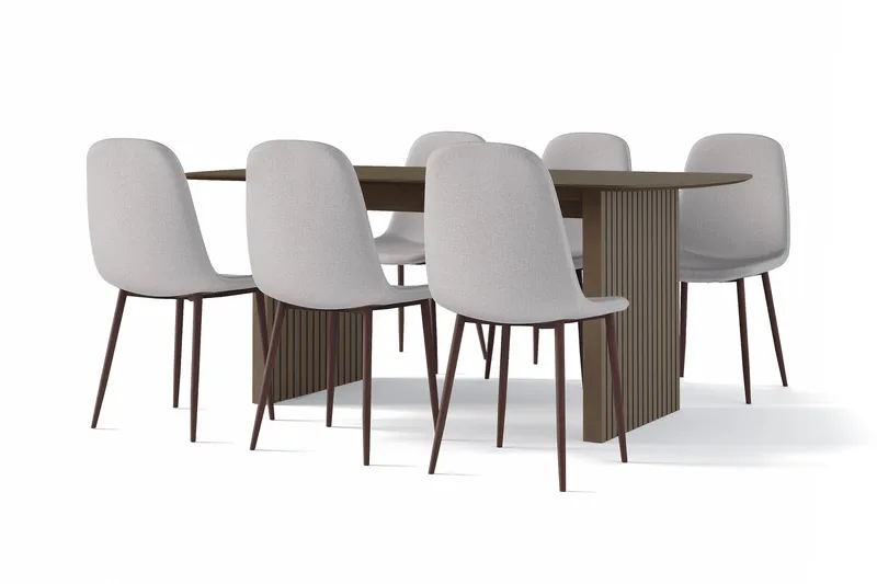 Richeto Spisebord Røkt Eik 180 cm valnøtt + 6 stk Naira stol grå med valnøttben, Brun/Grå