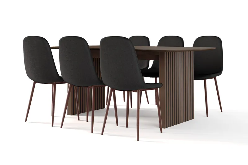 Richeto Spisebord Røkt Eik 180 cm valnøtt + 6 stk Naira stol svart med valnøttben, Brun/Svart