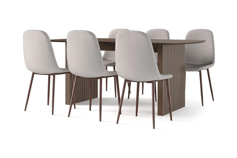 Richeto spisebord røkt eik 180 cm valnøtt + 6 stk. Nibe stol beige med valnøttben, Brun/Beige