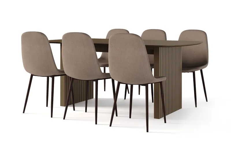 Richeto Spisebord Røkt Eik 180 cm valnøtt + 6 stk Nibe stol brun med valnøttben, Brun