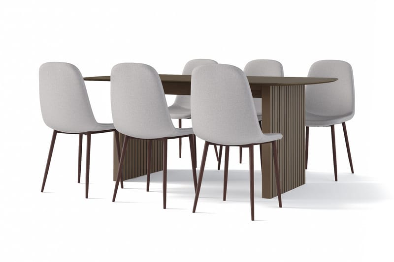 Richeto Spisebord Røkt Eik 180 cm valnøtt + 6 stk Nibe stol grå med valnøttben, Brun/Grå