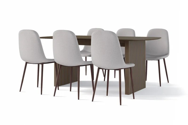 Richeto Spisebord Røkt Eik 180 cm valnøtt + 6 stk Nibe stol grå med valnøttben, Brun/Grå