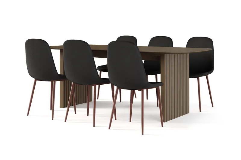 Richeto spisebord røkt eik 210 cm valnøtt + 6 stk. Nibe stol svart med valnøttben, Brun/Svart