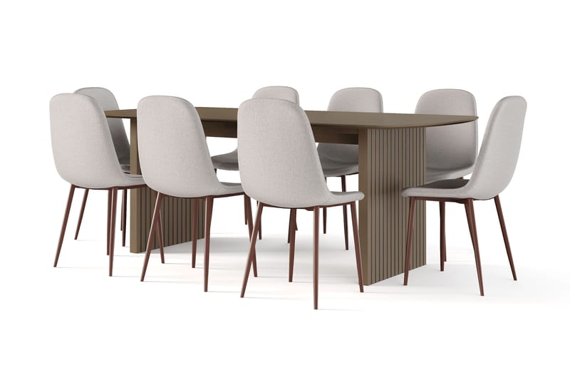 Richeto Spisebord Røkt Eik 210 cm valnøtt + 8 stk Naira stol beige med valnøttben, Brun/Beige
