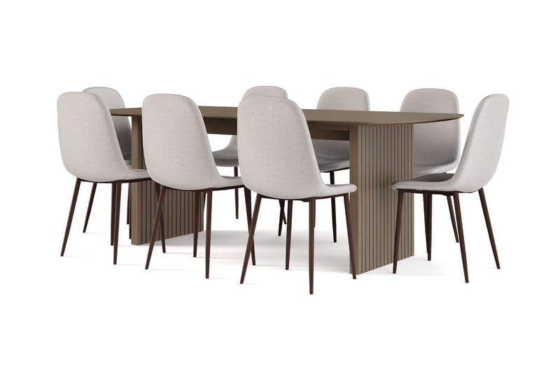 Richeto Spisebord Røkt Eik 210 cm valnøtt + 8 stk Naira stol grå med valnøttben, Brun/Grå