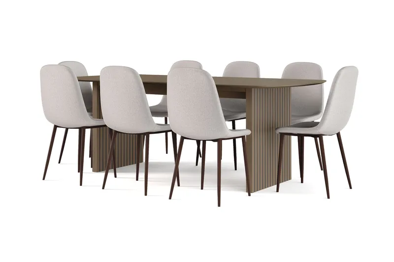 Richeto Spisebord Røkt Eik 210 cm valnøtt + 8 stk Nibe stol grå med valnøttben, Brun/Grå