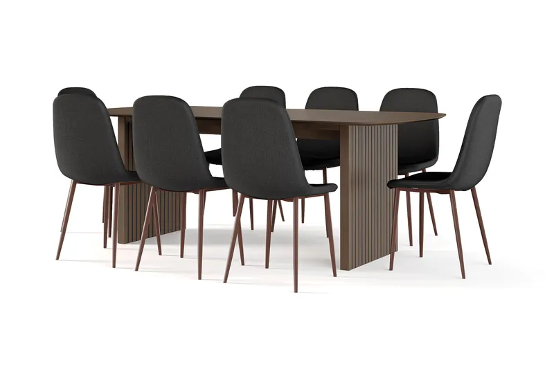 Richeto spisebord røkt eik 210 cm valnøtt + 8 stk. Nibe stol svart med valnøttben, Brun/Svart