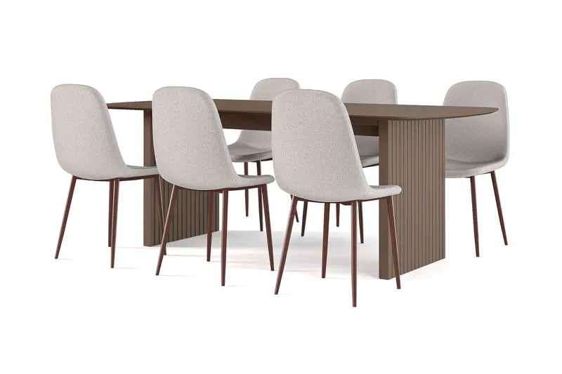 Richeto spisebord røkt eik 210 cm valnøtt + 6 stk. Nibe stol beige med valnøttben, Brun/Beige