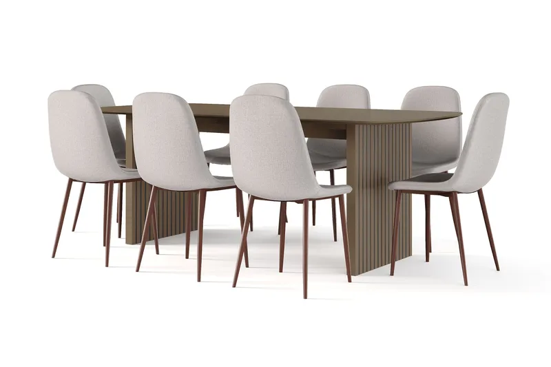 Richeto spisebord røkt eik 210 cm valnøtt + 8 stk. Nibe stol beige med valnøttben, Brun/Beige