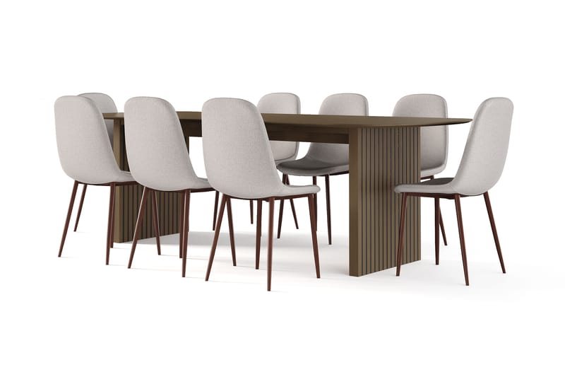 Richeto Spisebord Røkt Eik 240 cm valnøtt + 8 stk Naira stol beige med valnøttben, Brun/Beige