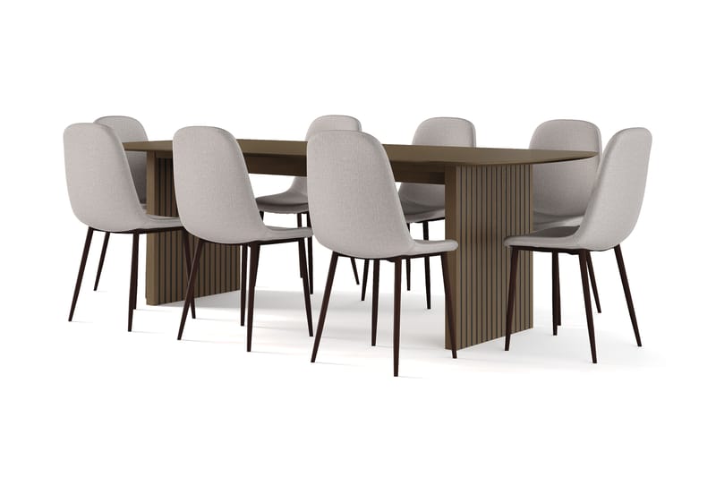 Richeto Spisebord Røkt Eik 240 cm valnøtt + 8 stk Naira stol grå med valnøttben, Brun/Grå