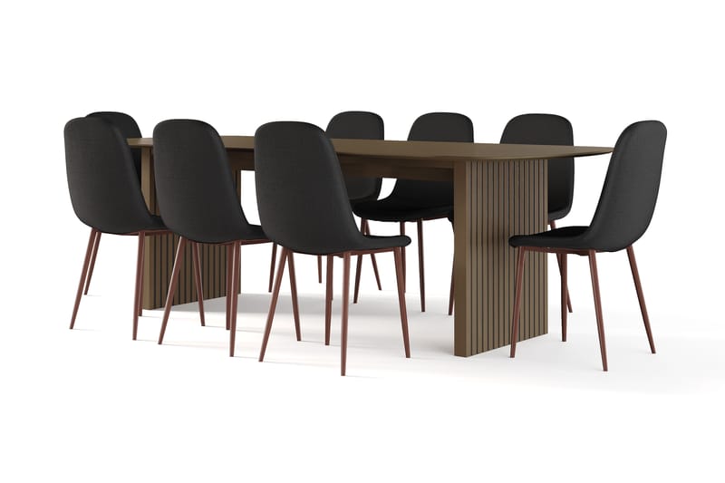 Richeto Spisebord Røkt Eik 240 cm valnøtt + 8 stk Naira stol svart med valnøttben, Brun/Svart