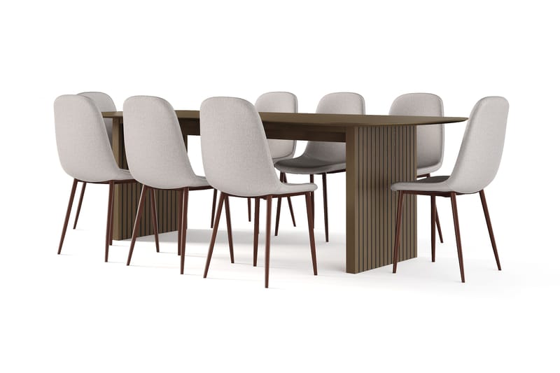 Richeto Spisebord Røkt Eik 240 cm valnøtt + 8 stk Nibe stol beige med valnøttben, Brun/Beige