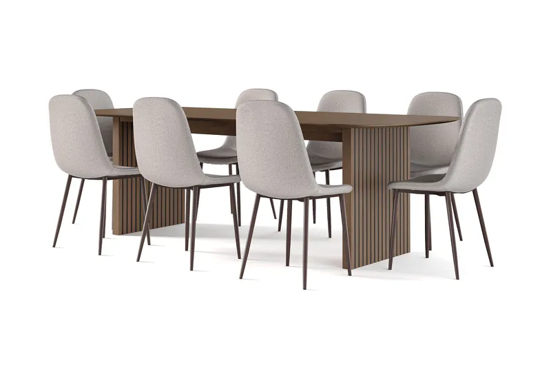 Richeto spisebord røkt eik 240 cm valnøtt + 8 stk. Nibe stol grå med valnøttben - Brun/Grå - Møbler - Bord - Spisegruppe