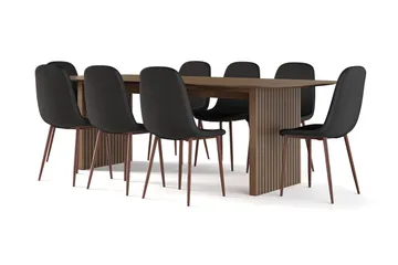 Richeto spisebord røkt eik 240 cm valnøtt + 8 stk. Nibe stol svart med valnøttben - Brun/Svart - Møbler - Bord - Spisegruppe