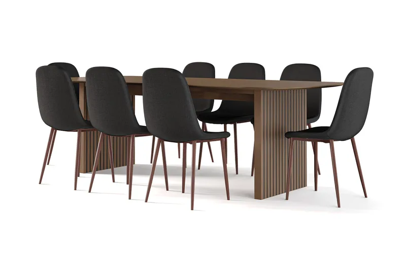 Richeto spisebord røkt eik 240 cm valnøtt + 8 stk. Nibe stol svart med valnøttben - Brun/Svart - Møbler - Bord - Spisegruppe