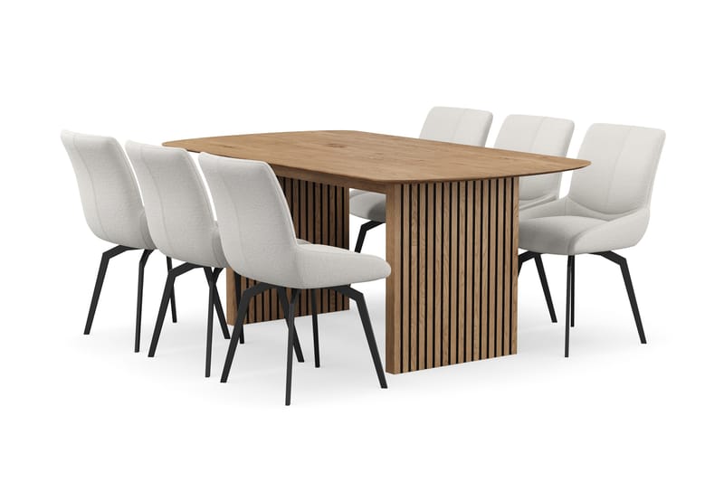 Richeto Spisegruppe 180 cm med 6 Mora Snurrestoler, Naturlig finish/Lys beige