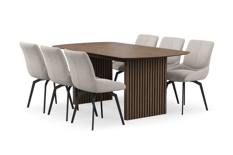 Richeto spisegruppe 180 cm med 6 Mora snurrestoler, Røkt eik/mørkbeige