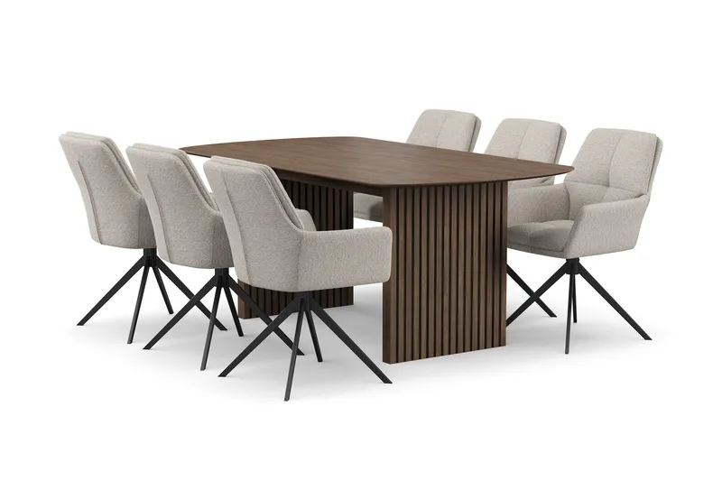 Richeto Spisegruppe 180 cm med 6 Torsby Snurrestoler, Røkt eik/Mørk beige