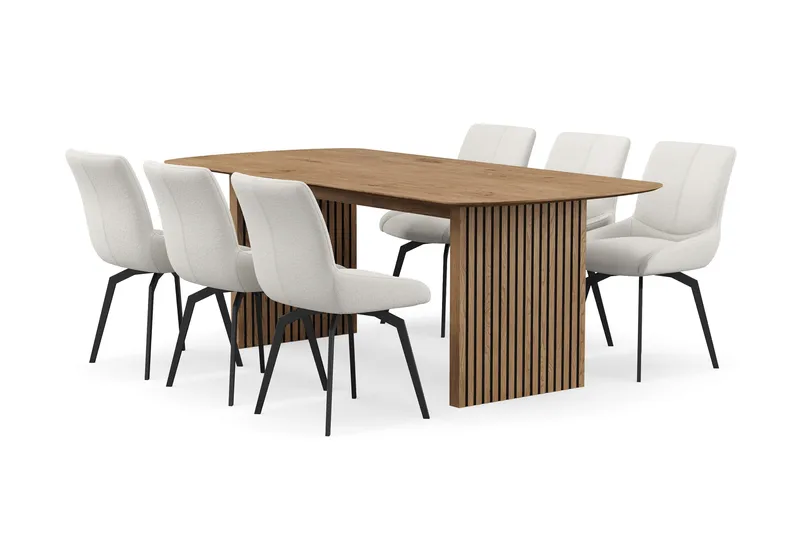 Richeto spisegruppe 210 cm med 6 Mora snurrestoler, Naturlig finish/lysbeige