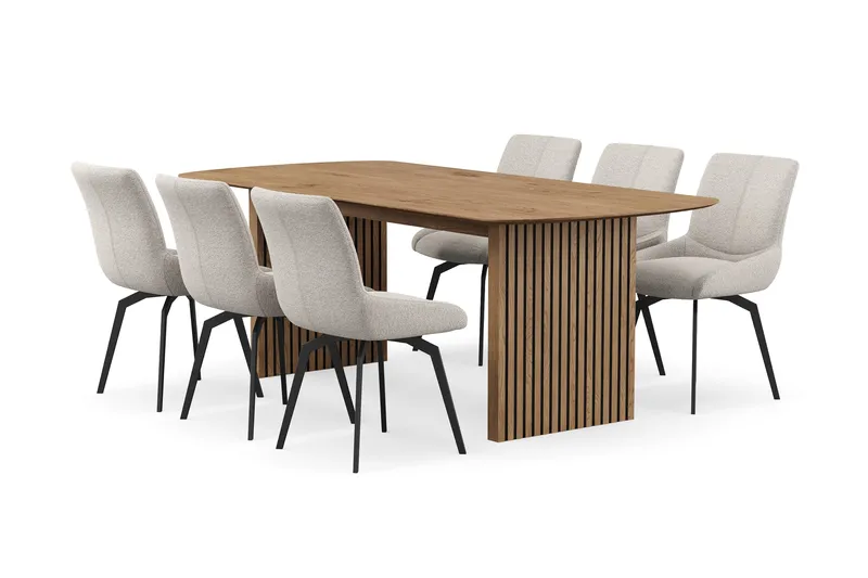 Richeto spisegruppe 210 cm med 6 Mora snurrestoler, Naturlig finish/mørkbeige