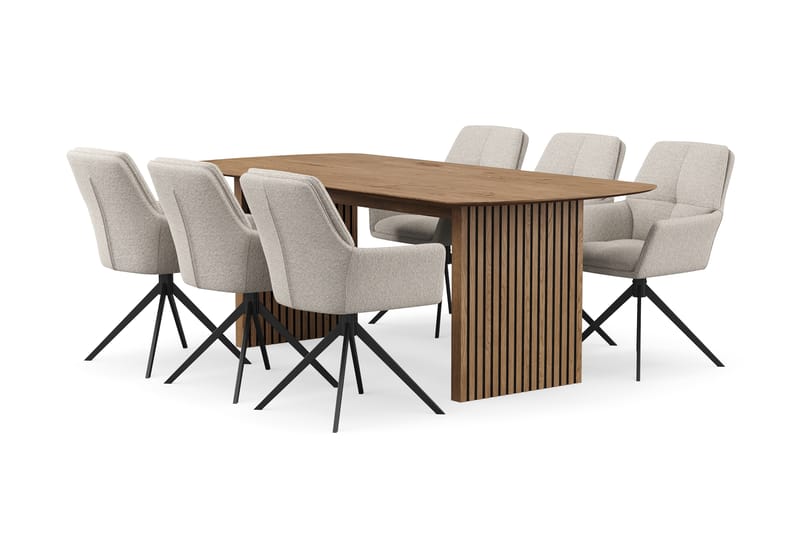 Richeto Spisegruppe 210 cm med 6 Torsby Snurrestoler, Naturlig finish/Mørk beige