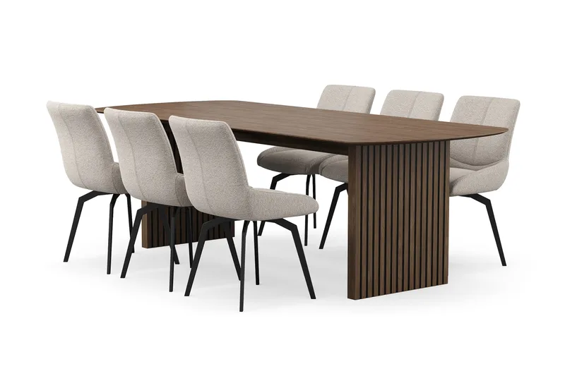 Richeto Spisegruppe 240 cm med 6 Mora Snurrestoler, Røkt eik/Mørk beige