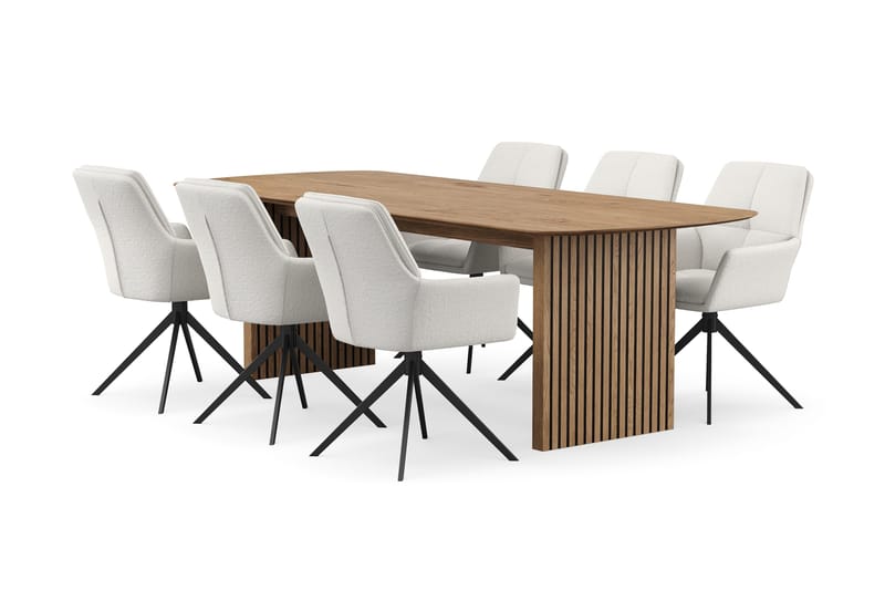 Richeto Spisegruppe 240 cm med 6 Torsby Snurrestoler, Naturlig finish/Lys beige